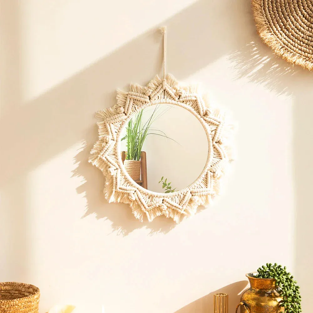 Boho Macrame Round Mirror for Room Decor