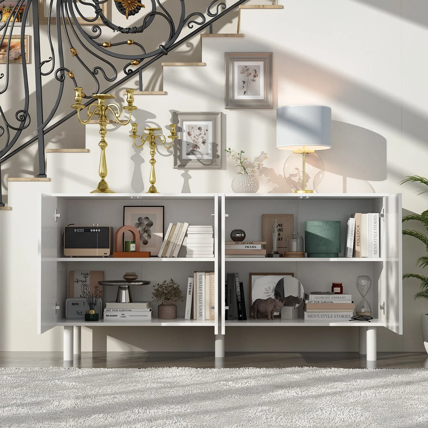 Buffet Sideboard White Storage Cabinet w/Effortless Spring-Loaded Door - 63"X31.5"