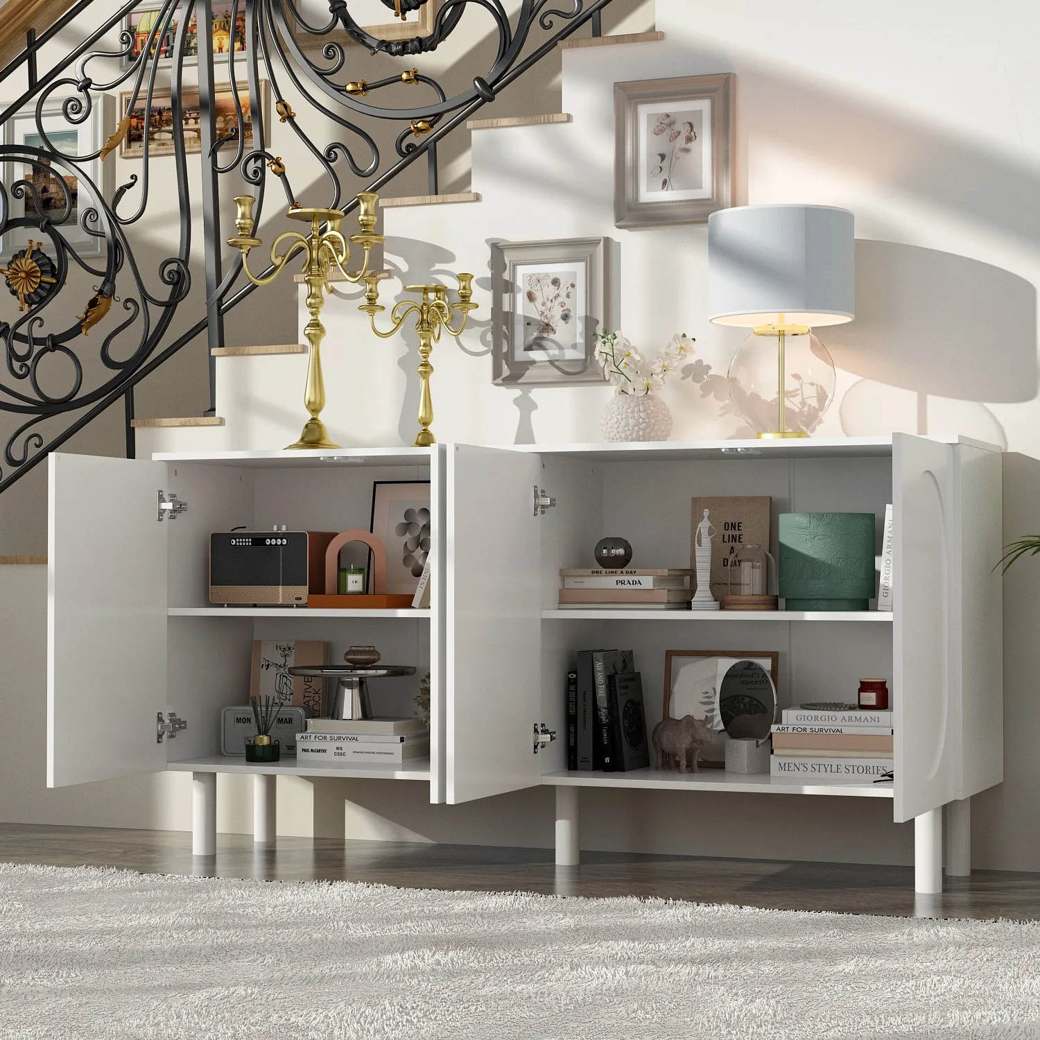 Buffet Sideboard White Storage Cabinet w/Effortless Spring-Loaded Door - 63"X31.5"