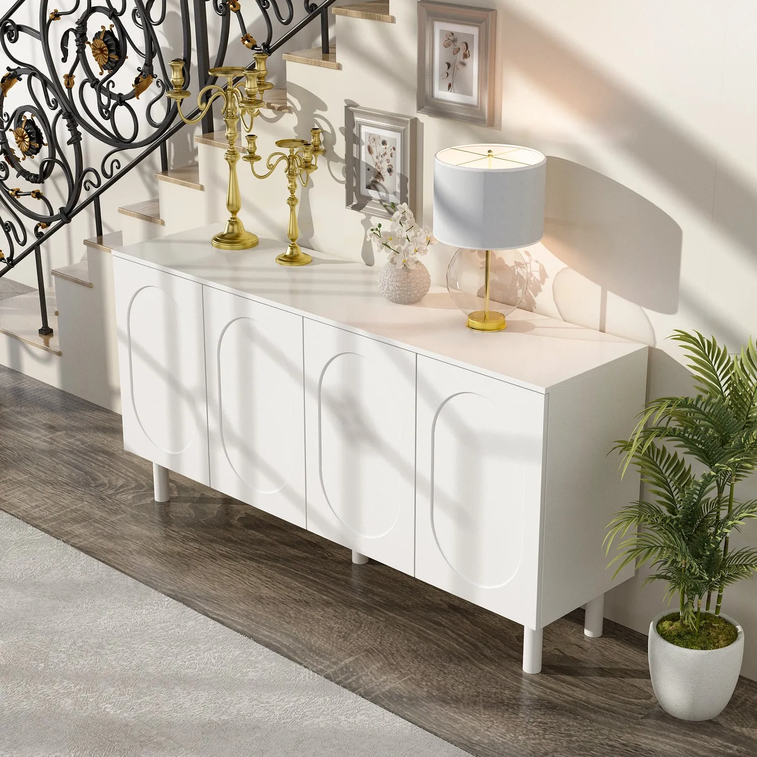 Buffet Sideboard White Storage Cabinet w/Effortless Spring-Loaded Door - 63"X31.5"