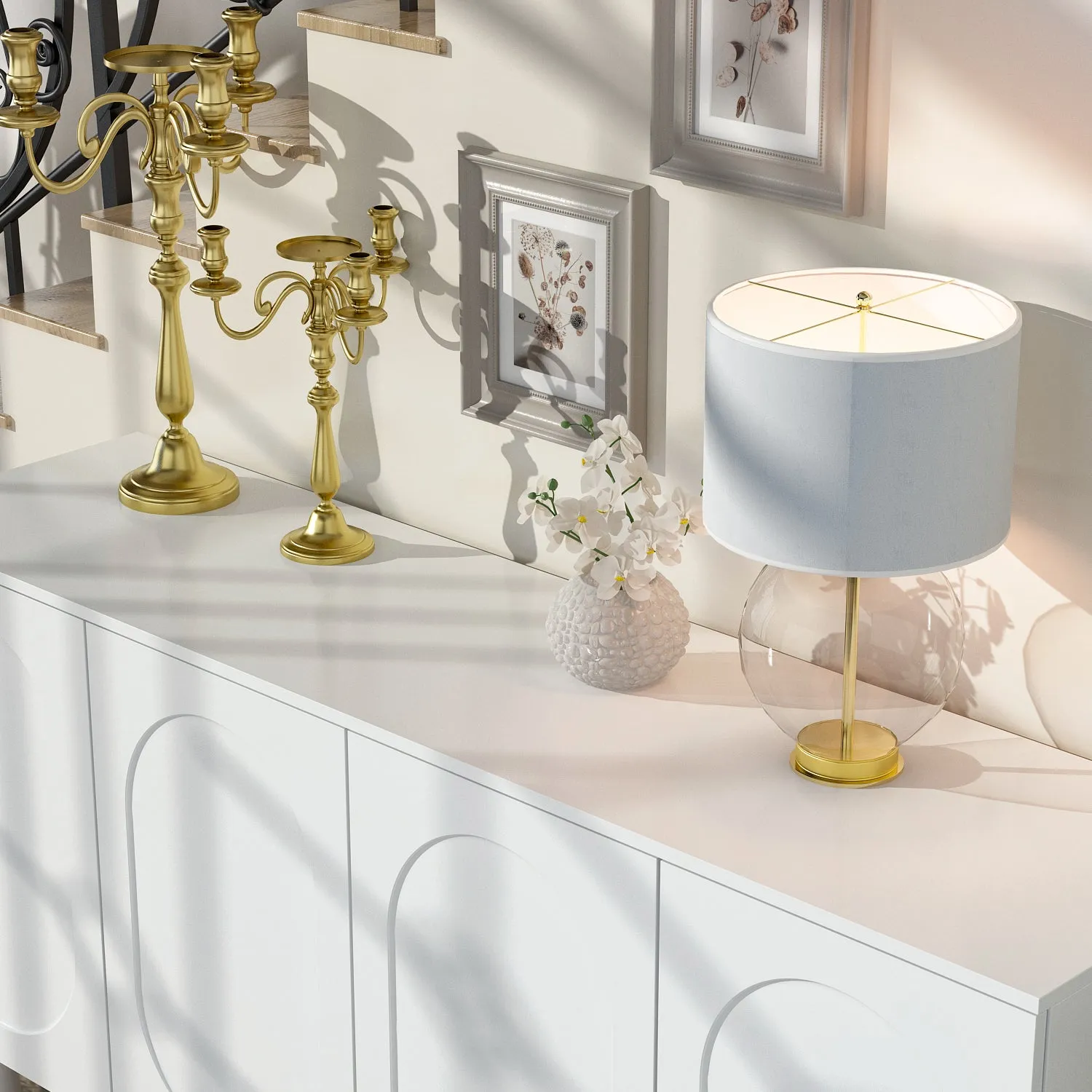 Buffet Sideboard White Storage Cabinet w/Effortless Spring-Loaded Door - 63"X31.5"