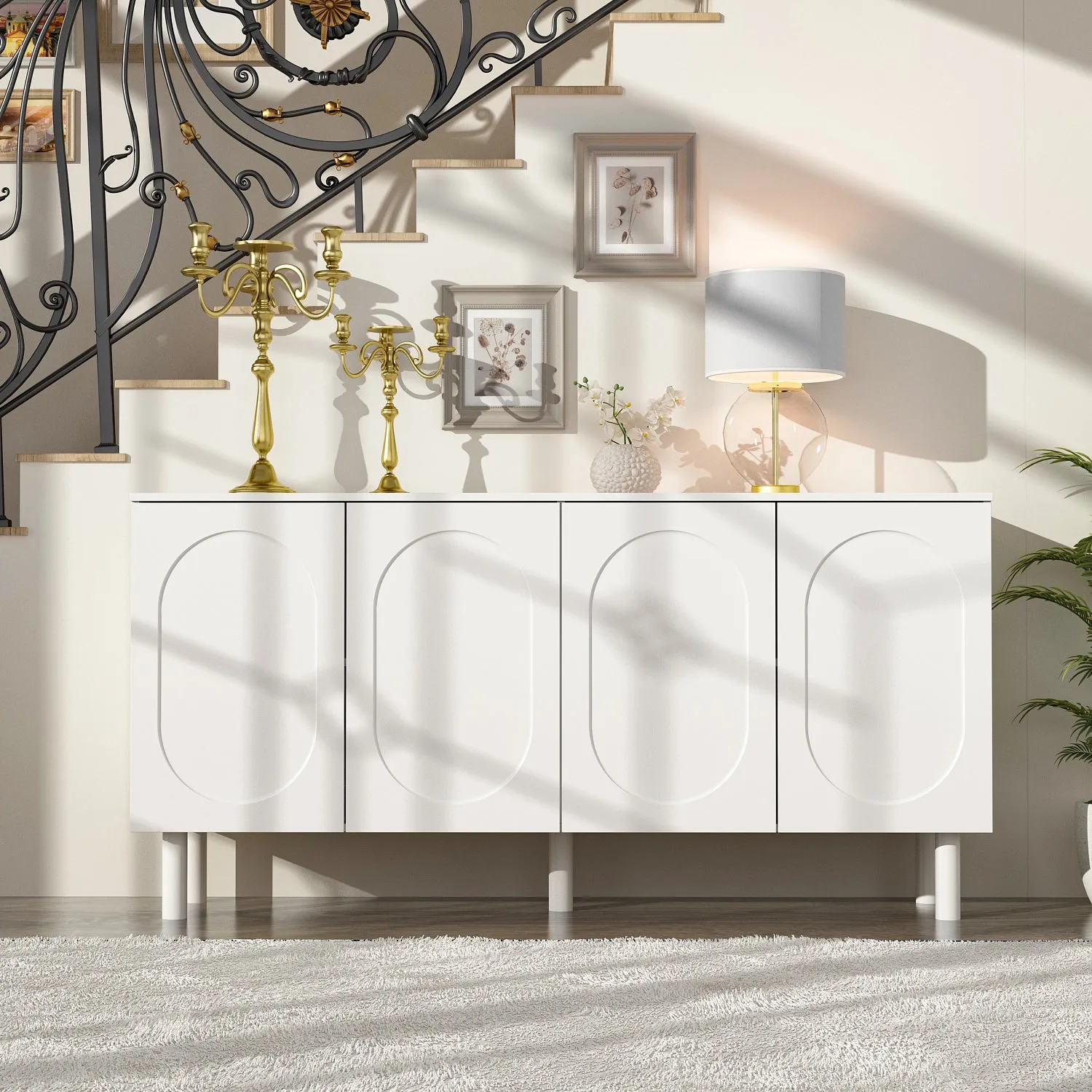 Buffet Sideboard White Storage Cabinet w/Effortless Spring-Loaded Door - 63"X31.5"