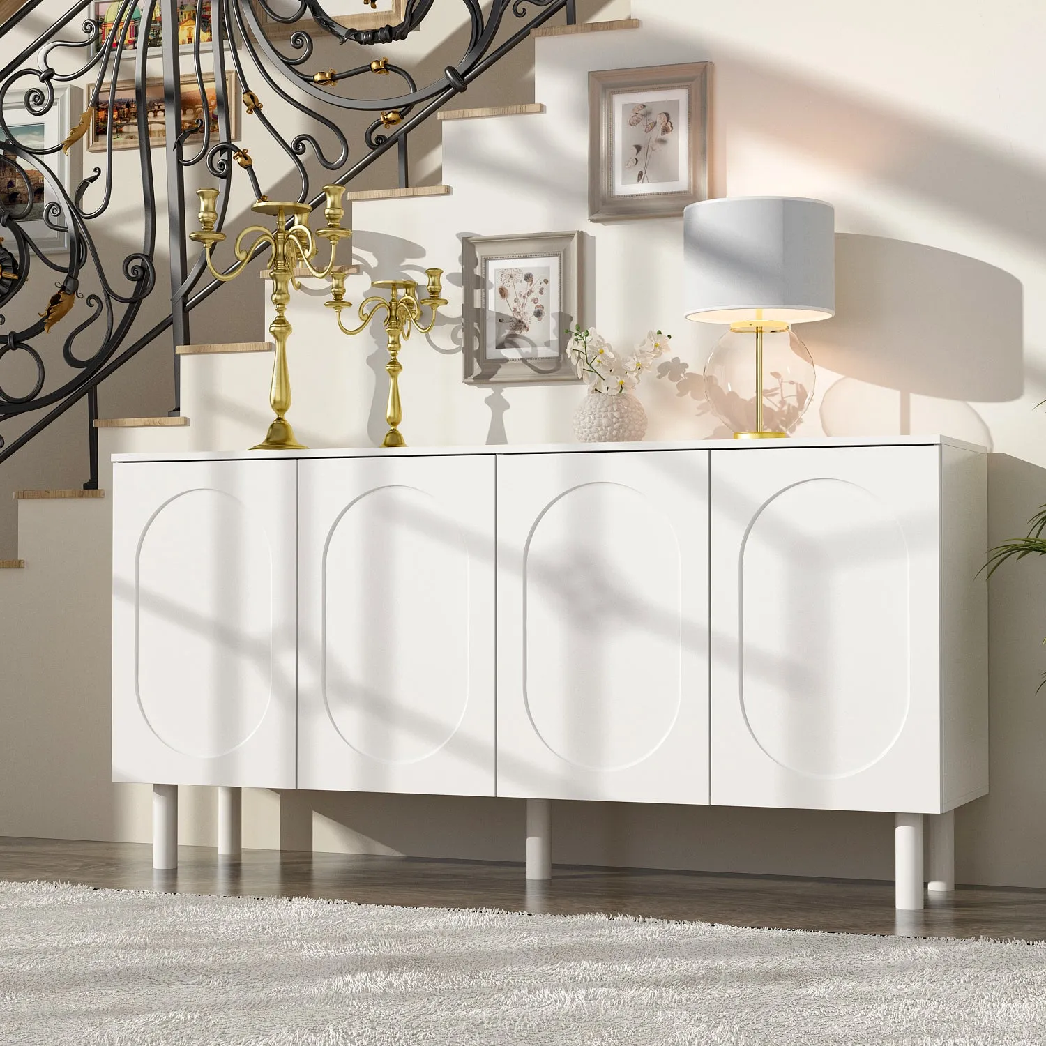 Buffet Sideboard White Storage Cabinet w/Effortless Spring-Loaded Door - 63"X31.5"