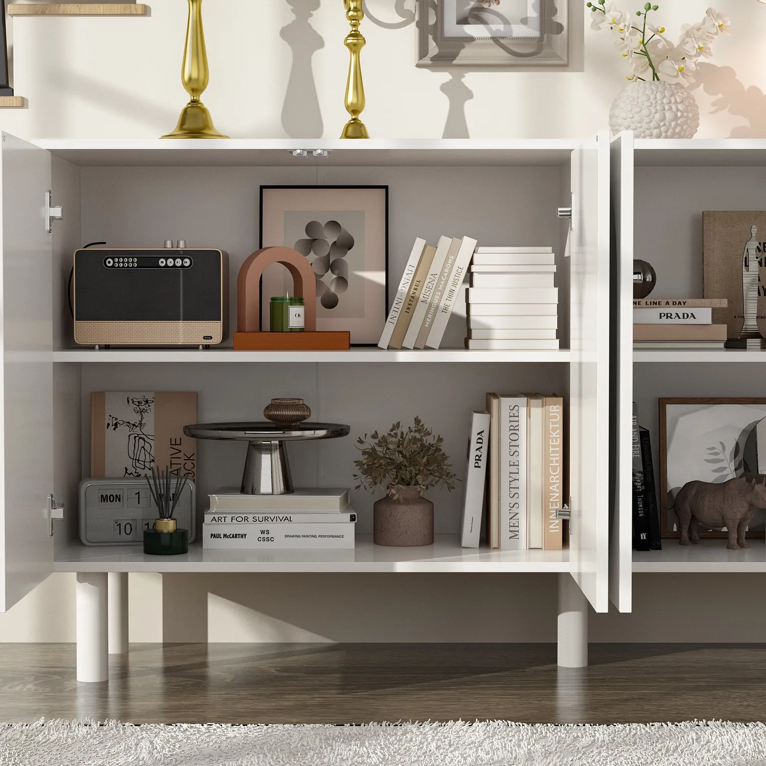 Buffet Sideboard White Storage Cabinet w/Effortless Spring-Loaded Door - 63"X31.5"