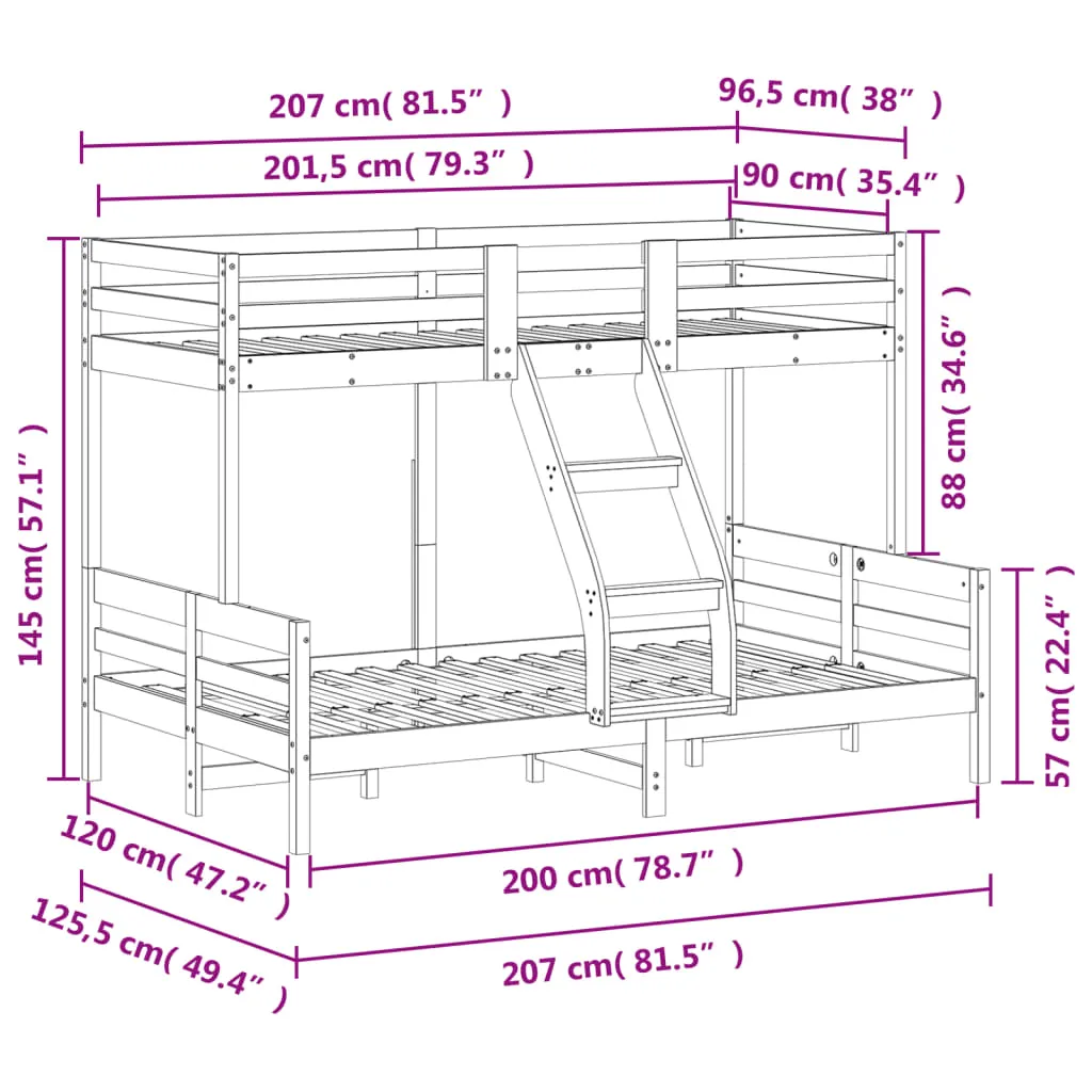 Bunk Bed 90x200/120x200 cm White Solid Wood Pine