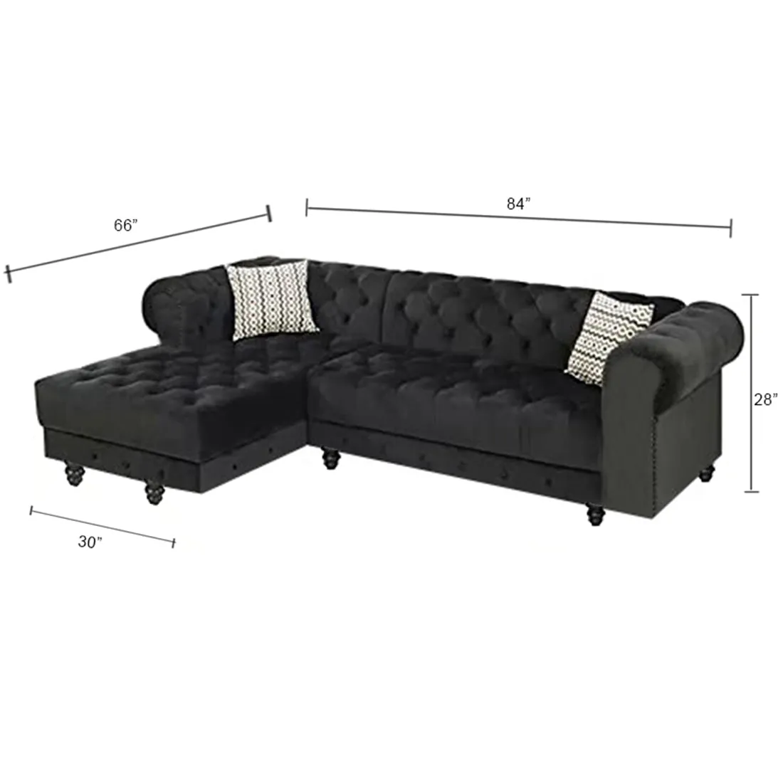 Cannes Solid Wood 5 Seater L Shape Fabric Chesterfield Sofa for Living - Black