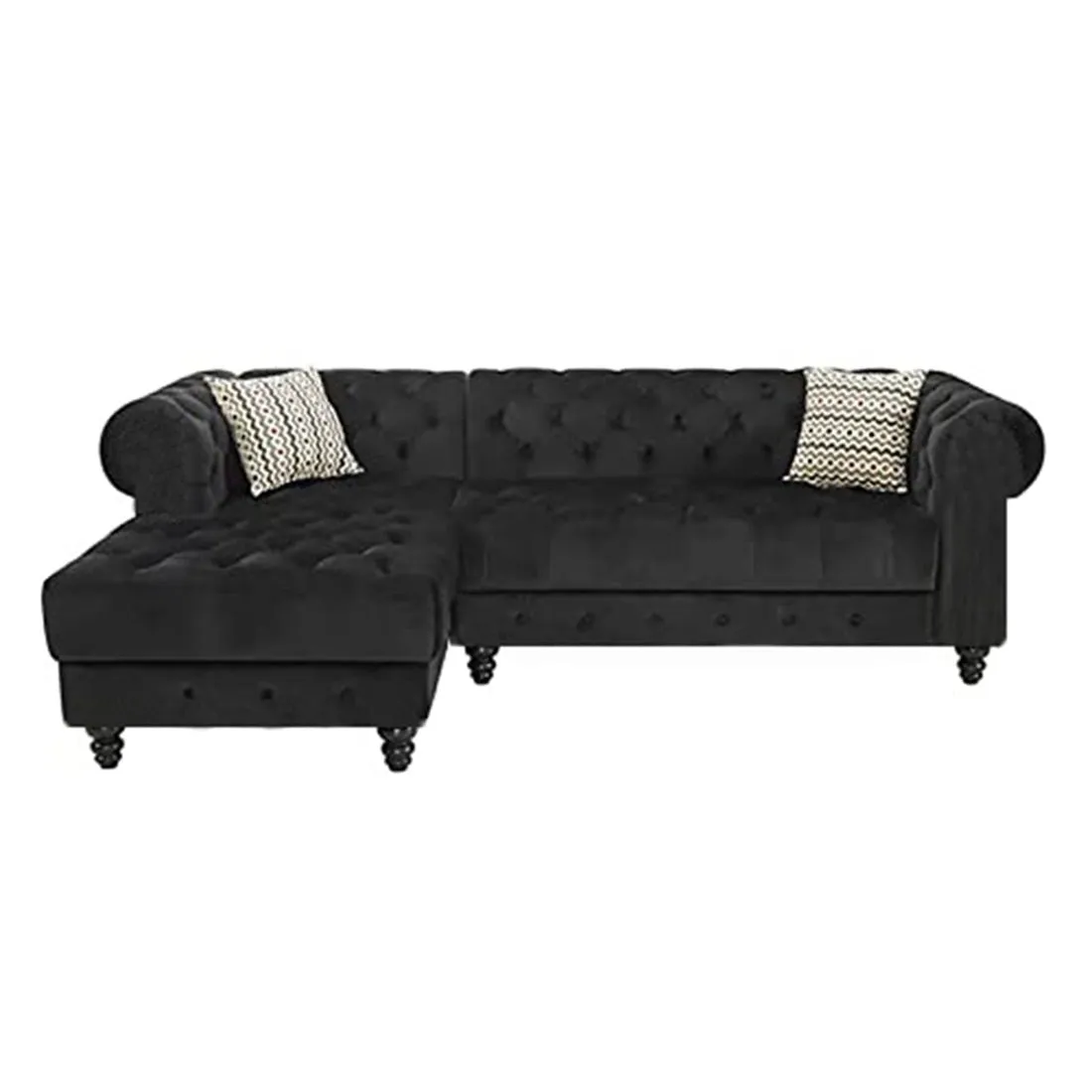 Cannes Solid Wood 5 Seater L Shape Fabric Chesterfield Sofa for Living - Black