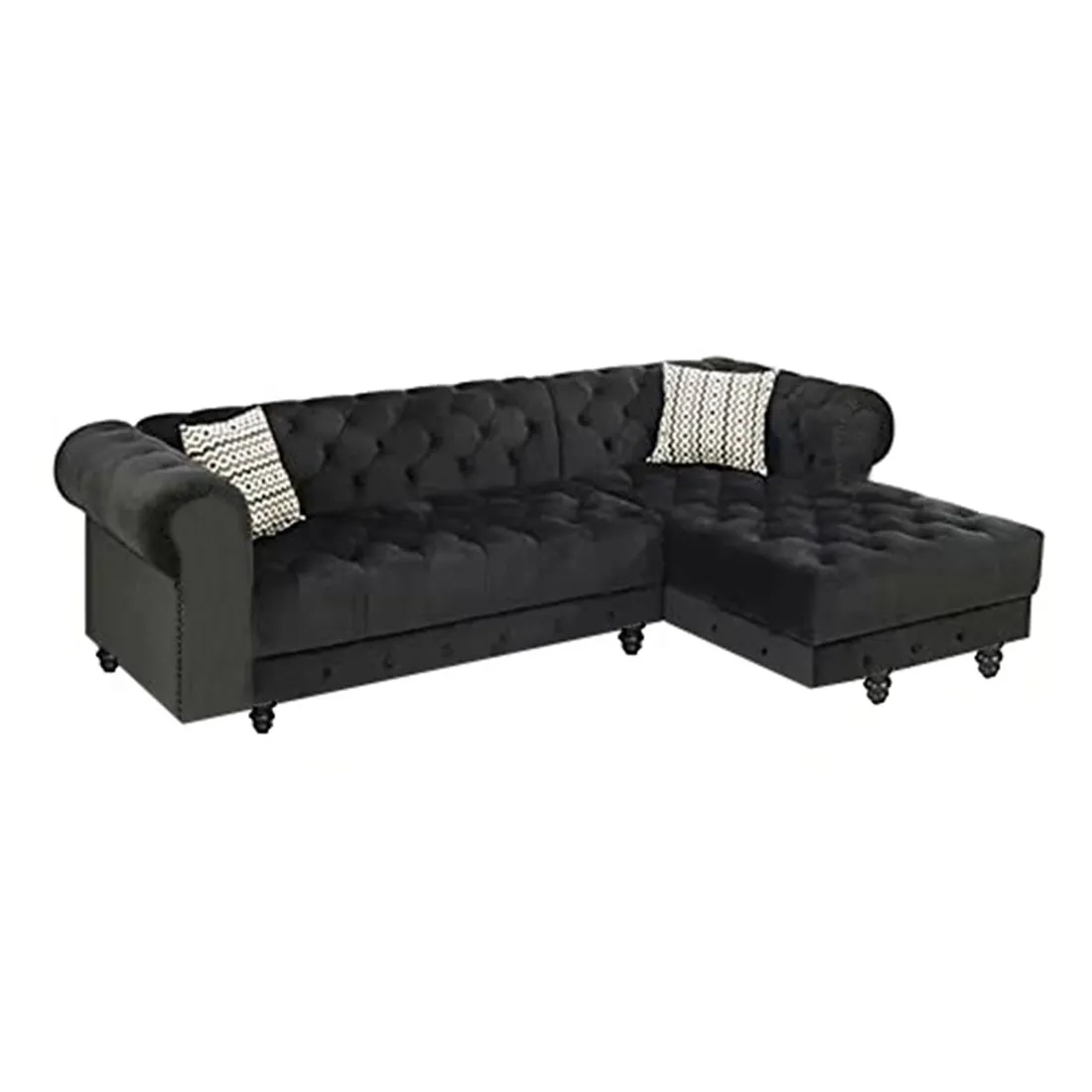 Cannes Solid Wood 5 Seater L Shape Fabric Chesterfield Sofa for Living - Black