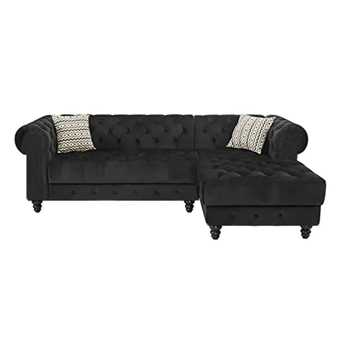 Cannes Solid Wood 5 Seater L Shape Fabric Chesterfield Sofa for Living - Black