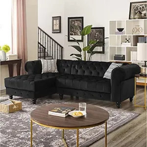 Cannes Solid Wood 5 Seater L Shape Fabric Chesterfield Sofa for Living - Black