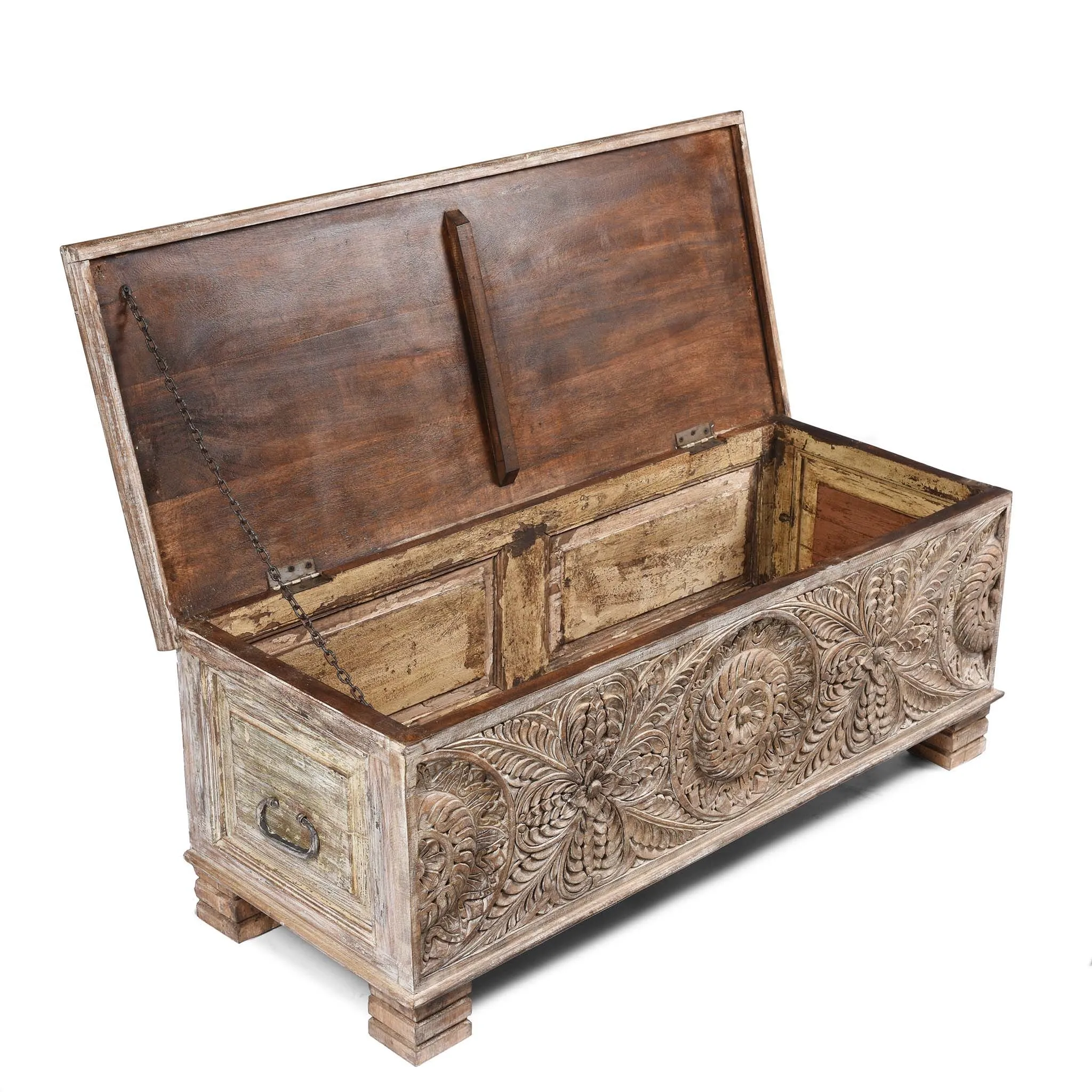 Carved Blanket Chest Made From Reclaimed Painted Teak