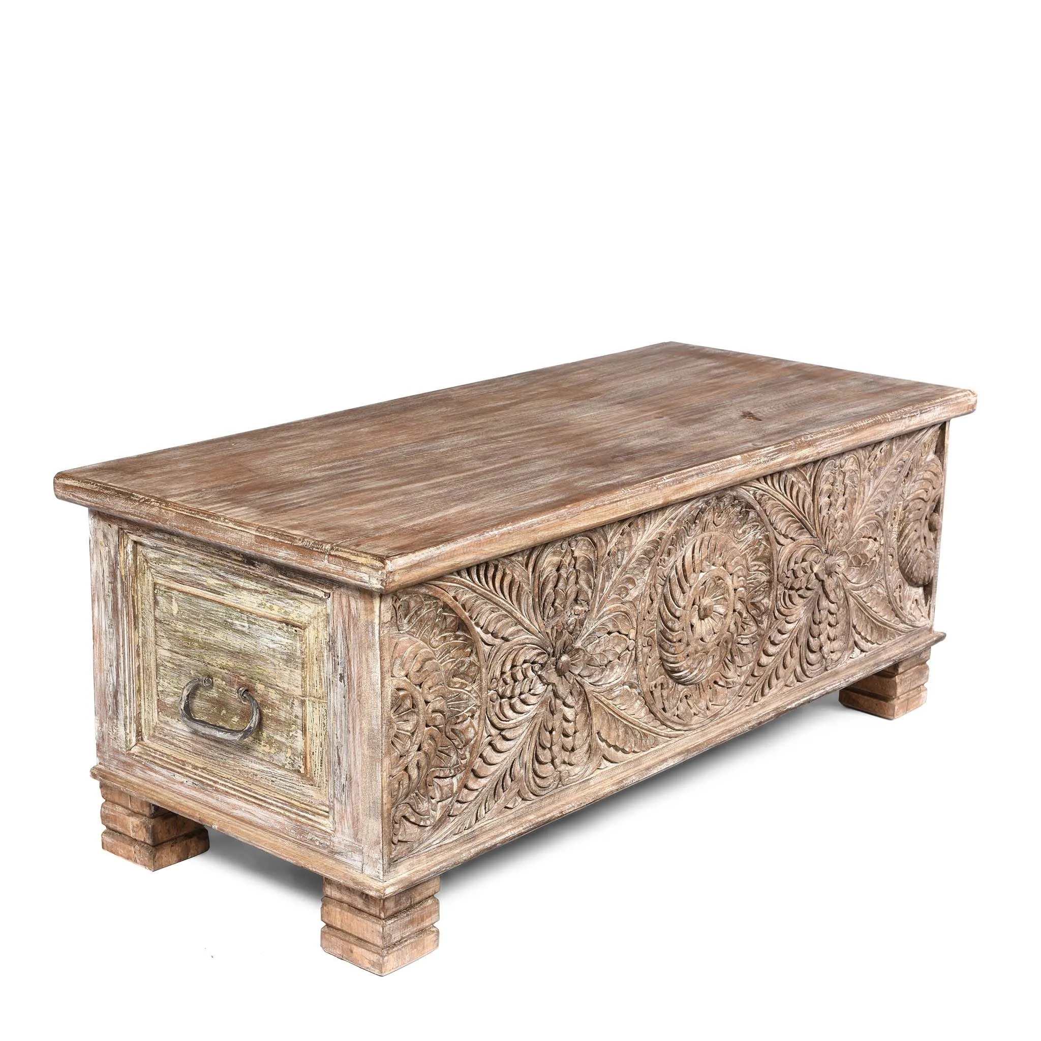 Carved Blanket Chest Made From Reclaimed Painted Teak