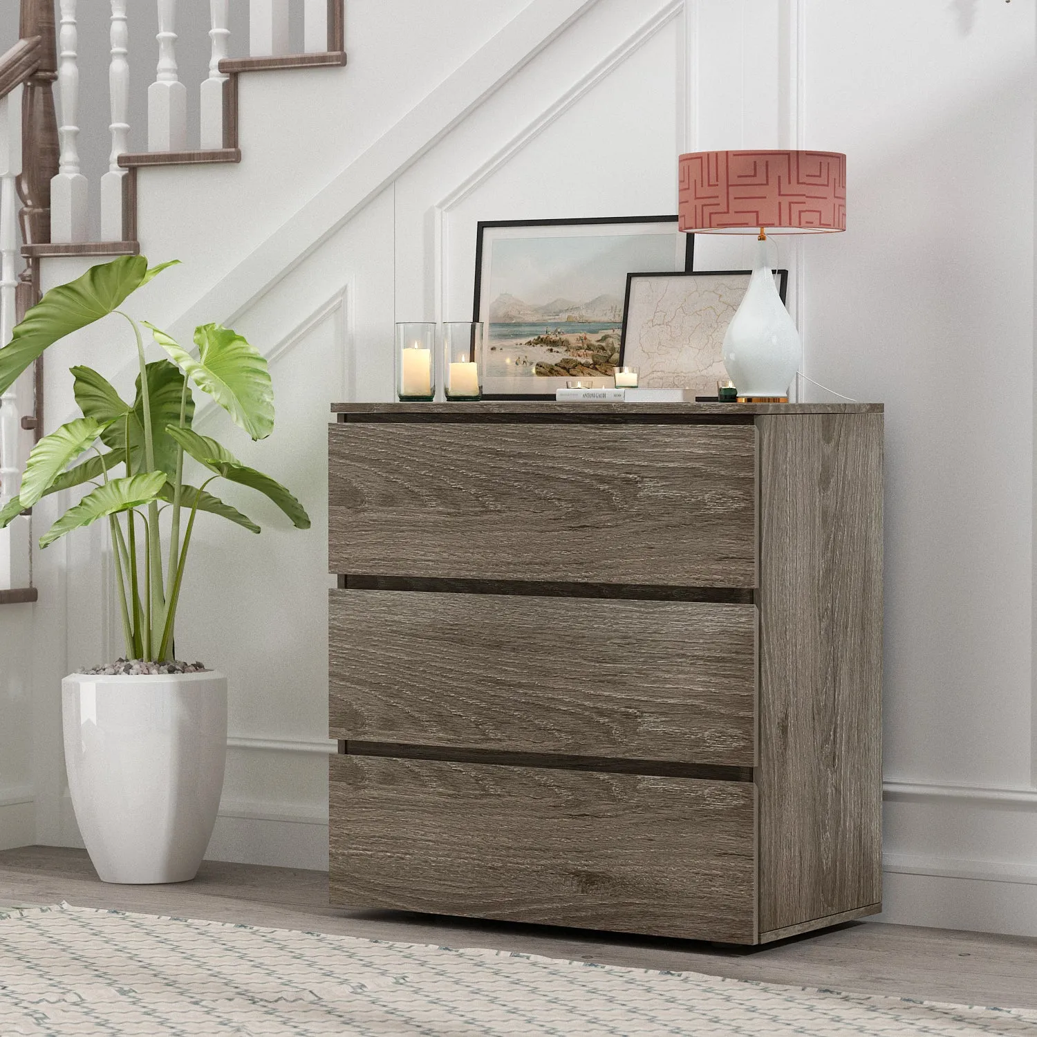 Chest of 3 Drawers Storage Dresser White Sideboard with 3 Drawers No-Handle Organizer