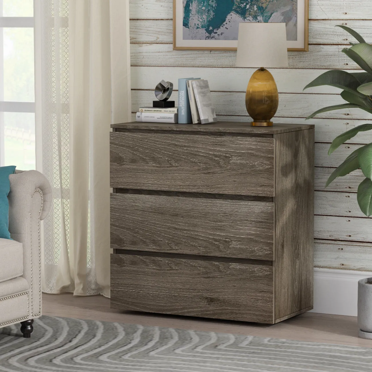 Chest of 3 Drawers Storage Dresser White Sideboard with 3 Drawers No-Handle Organizer