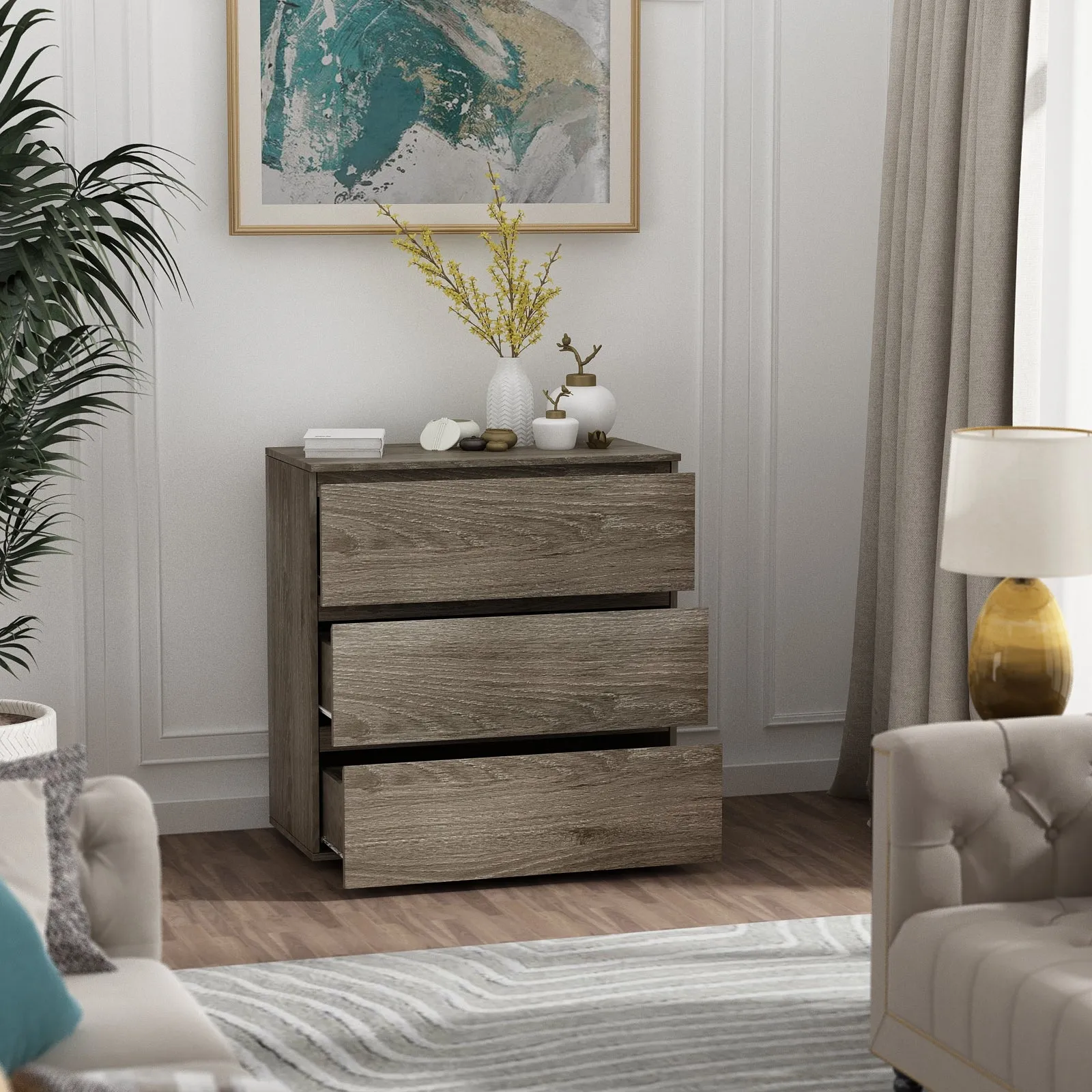 Chest of 3 Drawers Storage Dresser White Sideboard with 3 Drawers No-Handle Organizer