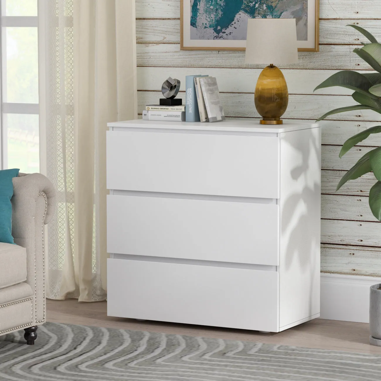 Chest of 3 Drawers Storage Dresser White Sideboard with 3 Drawers No-Handle Organizer