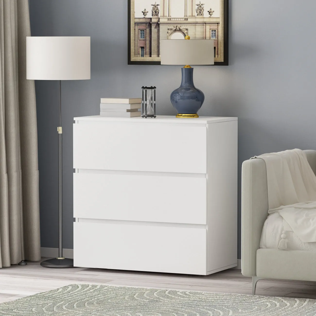 Chest of 3 Drawers Storage Dresser White Sideboard with 3 Drawers No-Handle Organizer