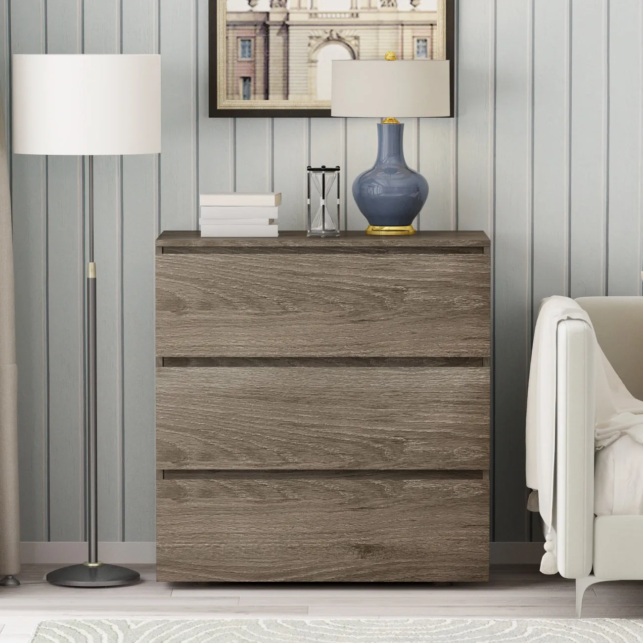 Chest of 3 Drawers Storage Dresser White Sideboard with 3 Drawers No-Handle Organizer
