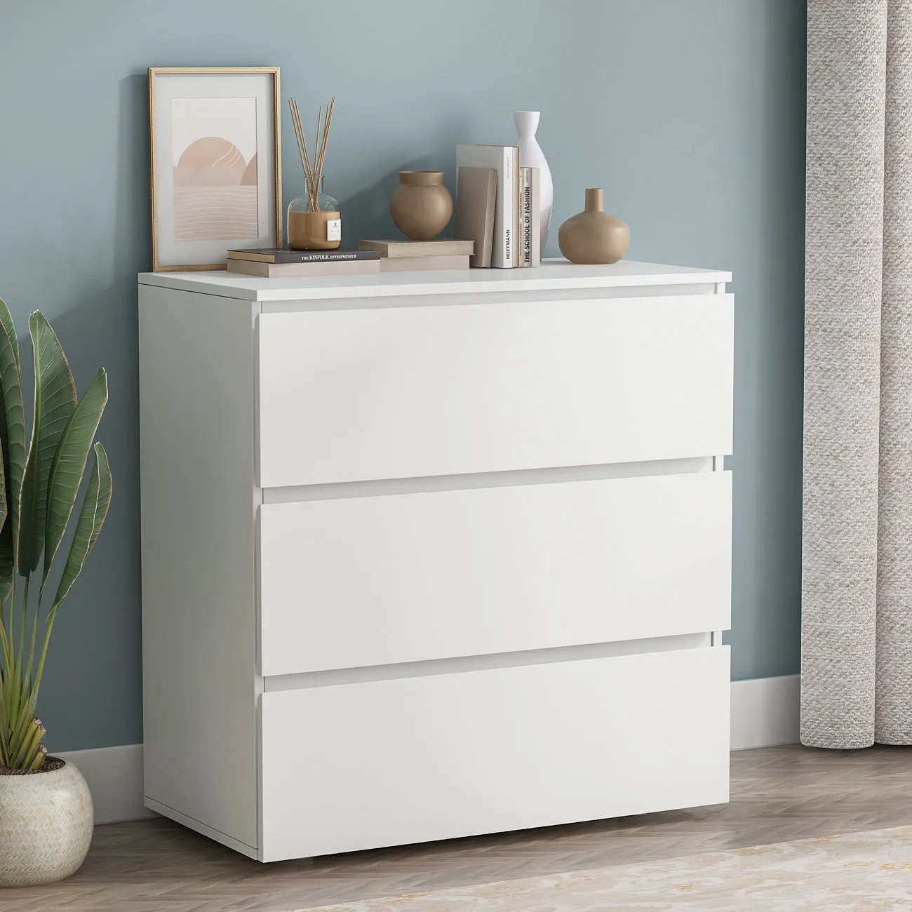 Chest of 3 Drawers Storage Dresser White Sideboard with 3 Drawers No-Handle Organizer