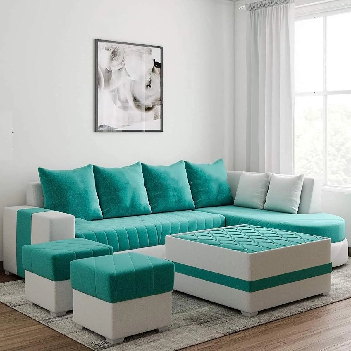 Christie L Shape  Sofa Set with Centre Table and 2 Puffy
