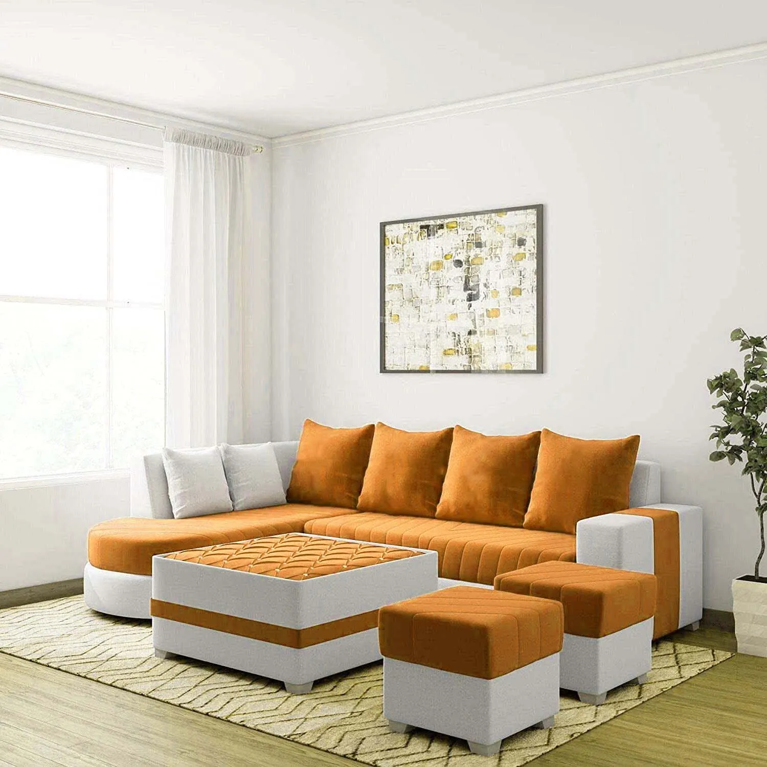 Christie L Shape  Sofa Set with Centre Table and 2 Puffy