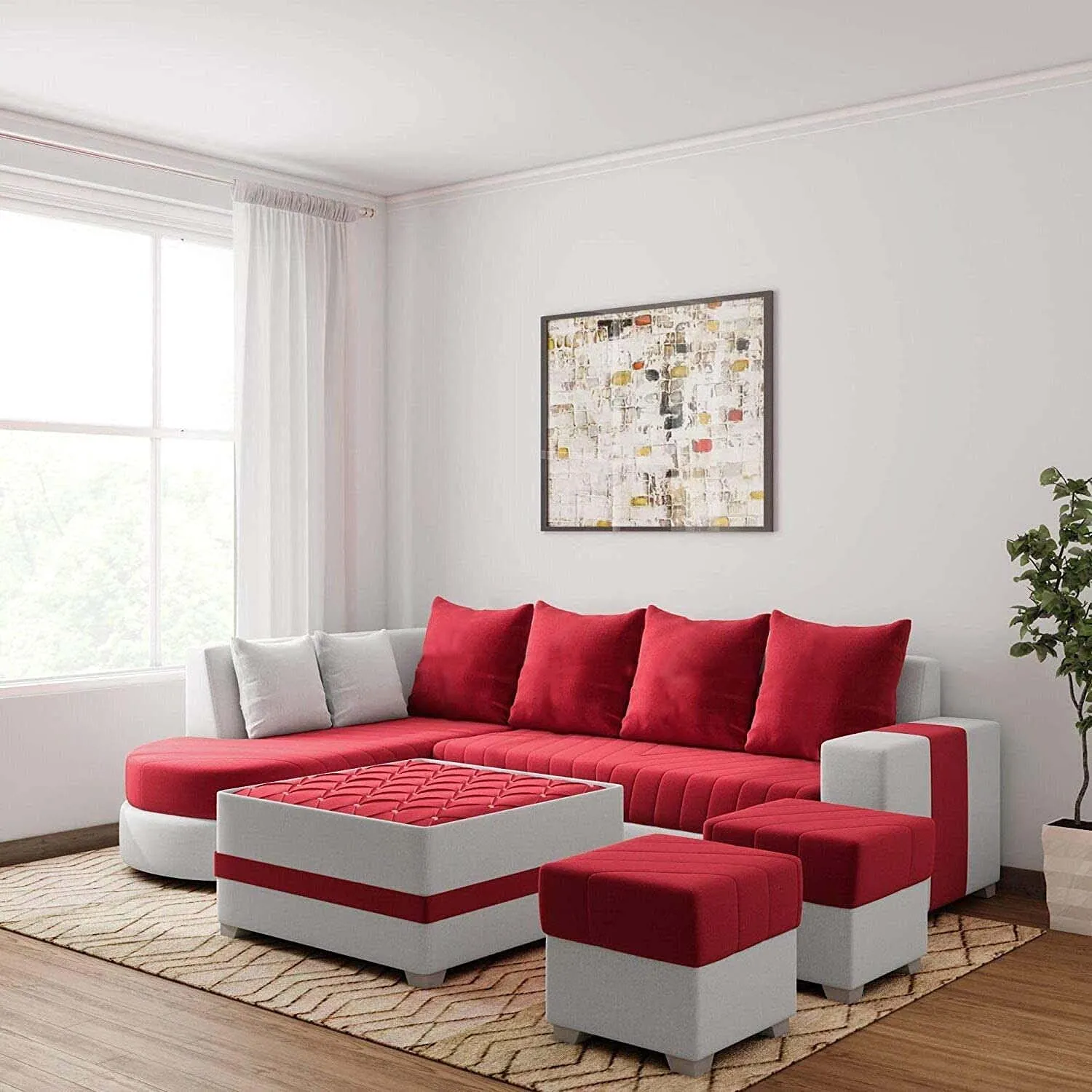 Christie L Shape  Sofa Set with Centre Table and 2 Puffy