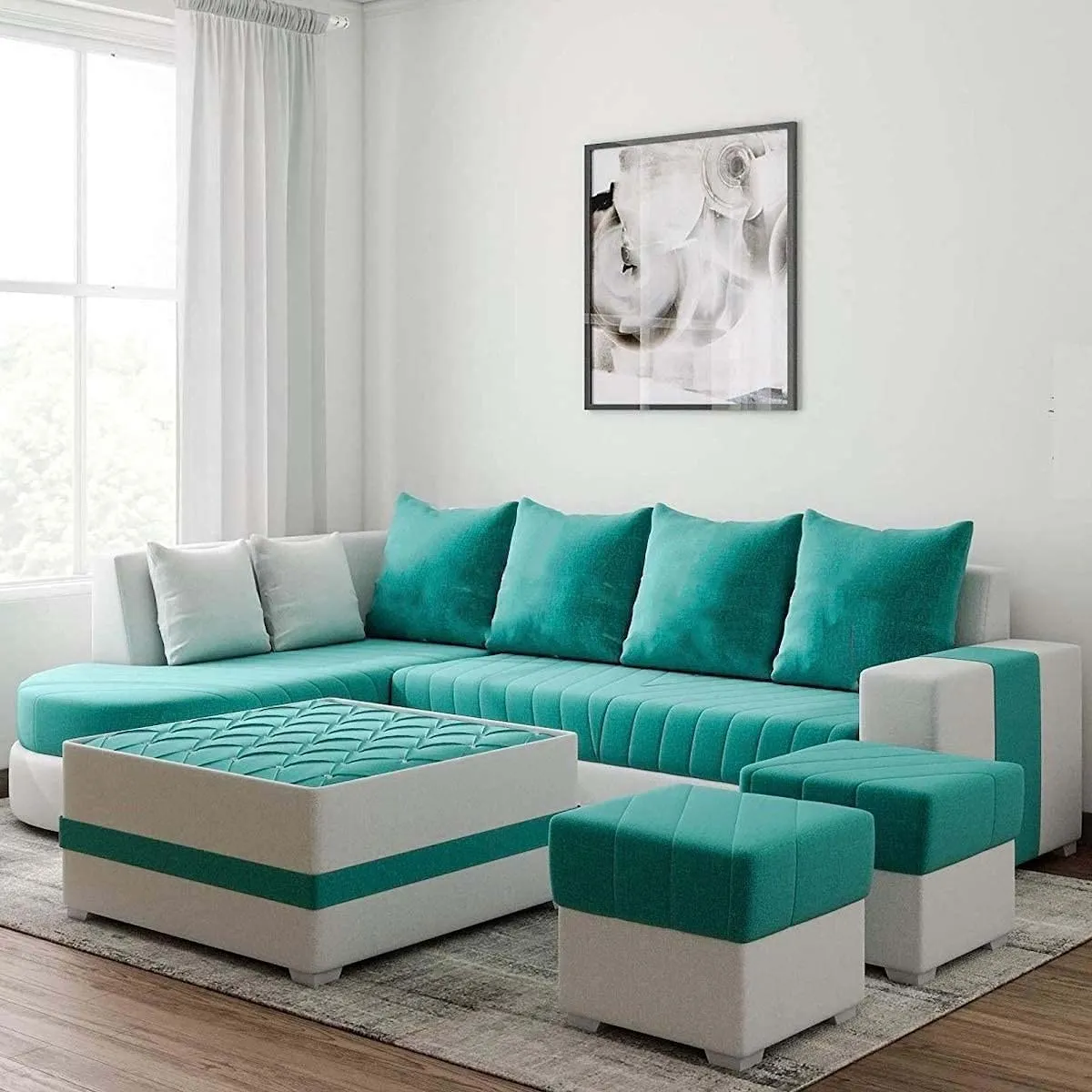 Christie L Shape  Sofa Set with Centre Table and 2 Puffy