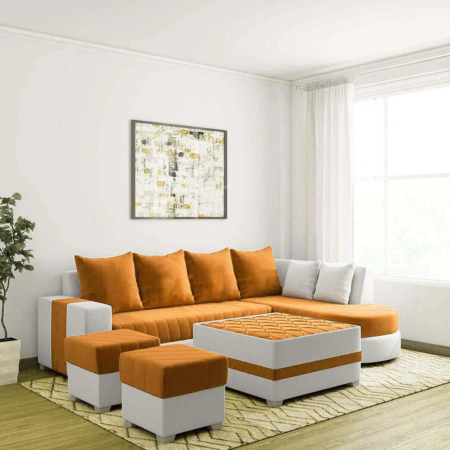 Christie L Shape  Sofa Set with Centre Table and 2 Puffy