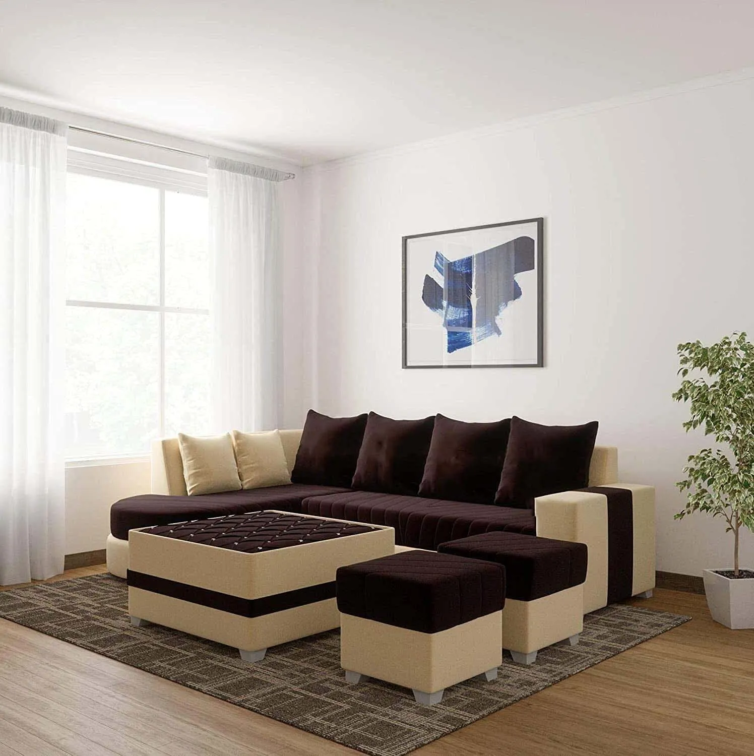 Christie L Shape  Sofa Set with Centre Table and 2 Puffy
