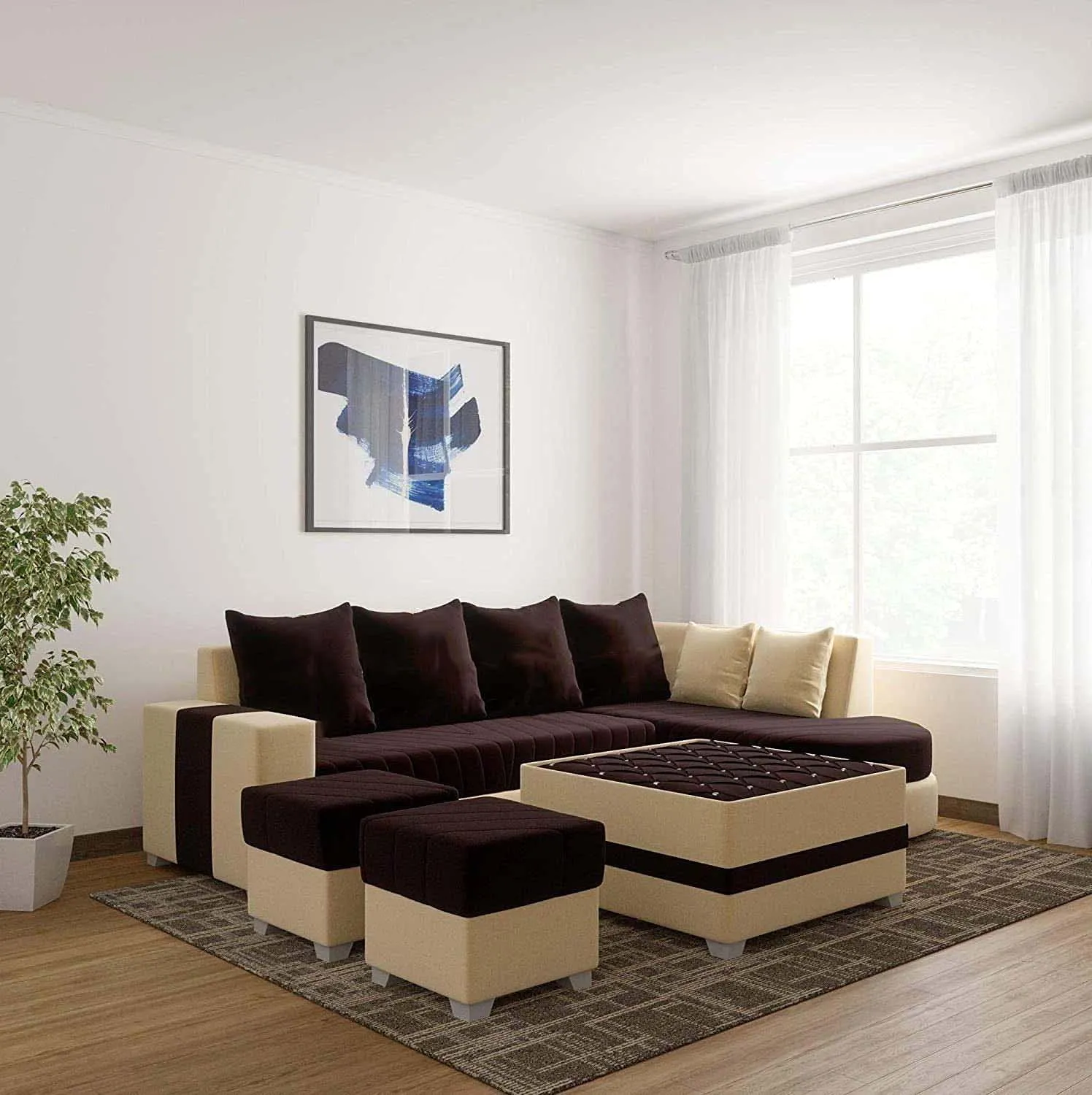 Christie L Shape  Sofa Set with Centre Table and 2 Puffy