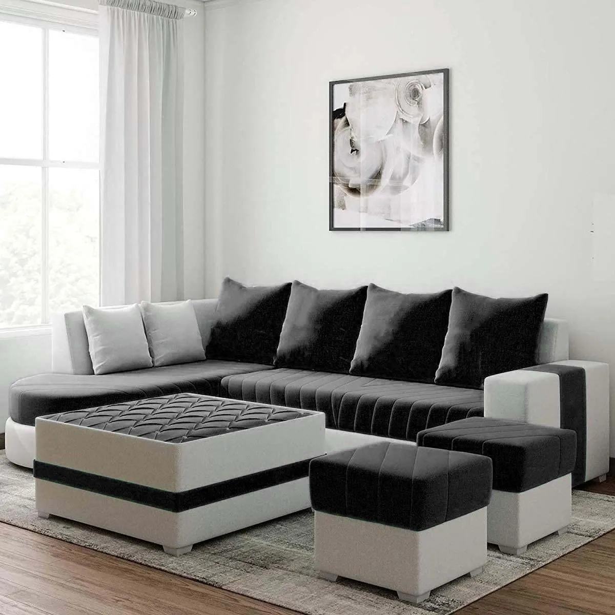 Christie L Shape  Sofa Set with Centre Table and 2 Puffy