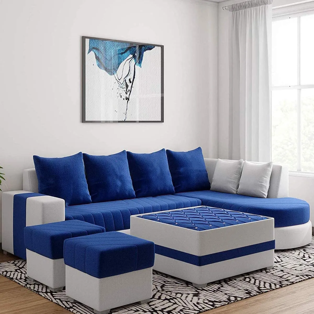 Christie L Shape  Sofa Set with Centre Table and 2 Puffy