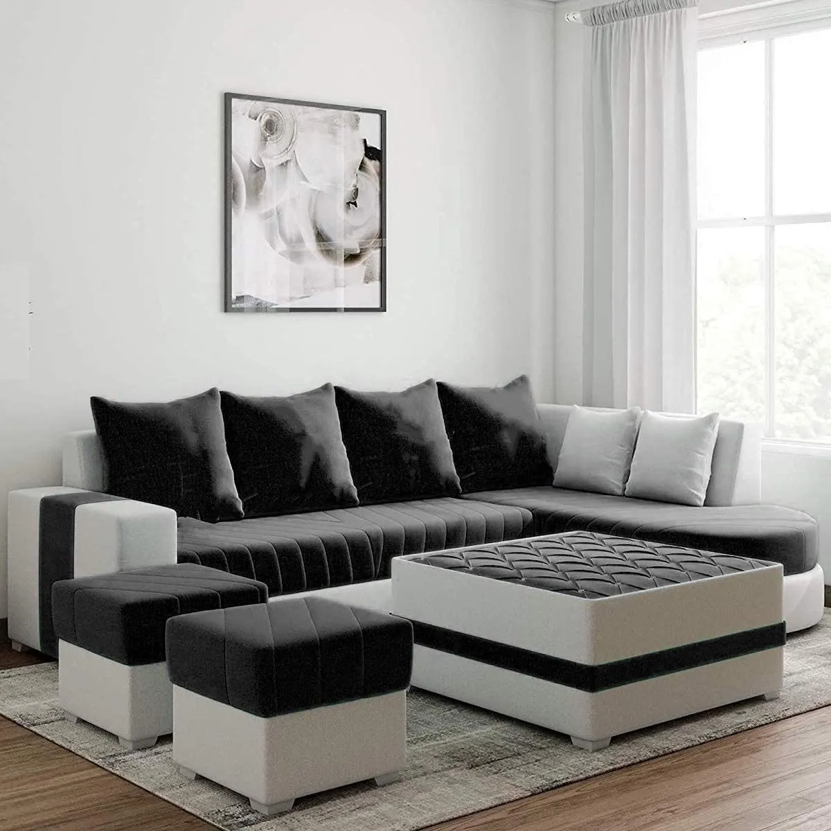 Christie L Shape  Sofa Set with Centre Table and 2 Puffy