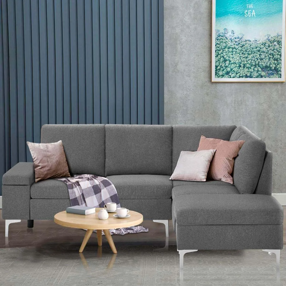 Convertible Sectional Sofa Couch with Ottoman, Sofa Armrest with Storage Function, L-Shaped Sofa with Gray Linen Fabric, for Living Room or Apartment (Right)