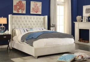 Creme Velvet Fabric Bed With Nailhead Details and Wing Design