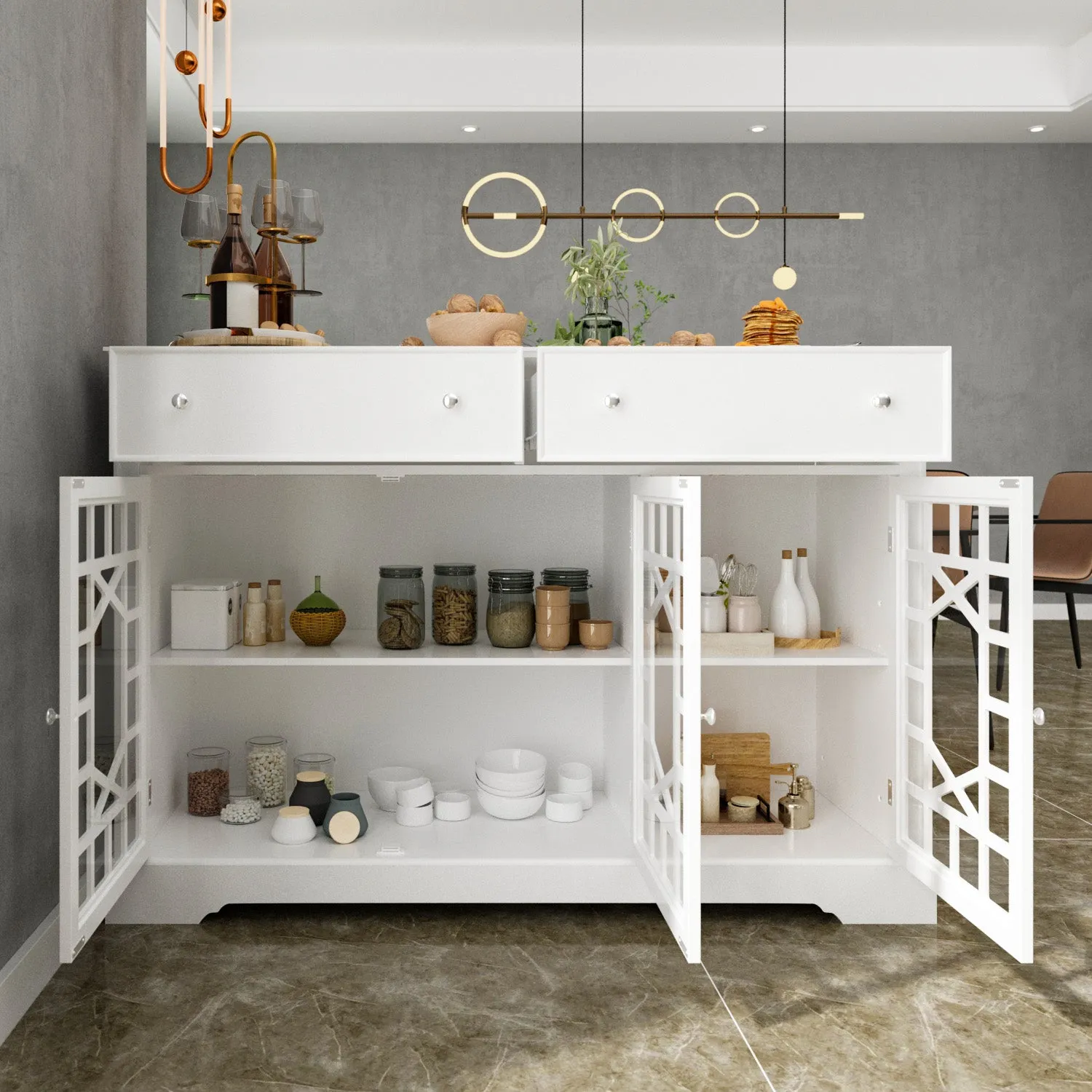 Durable Storage Sideboard Living Room Cabinet with 3 Glass Doors & 2 Drawers