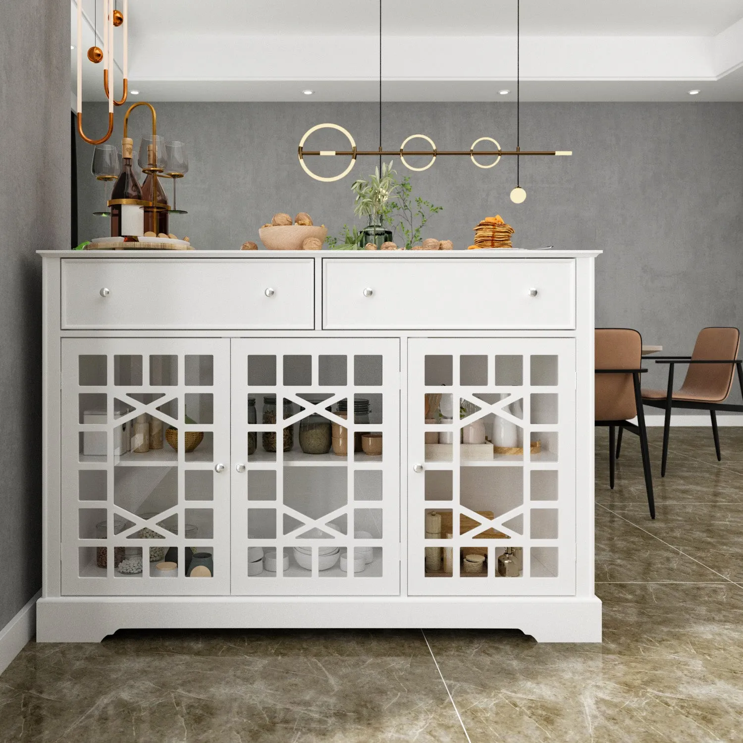 Durable Storage Sideboard Living Room Cabinet with 3 Glass Doors & 2 Drawers