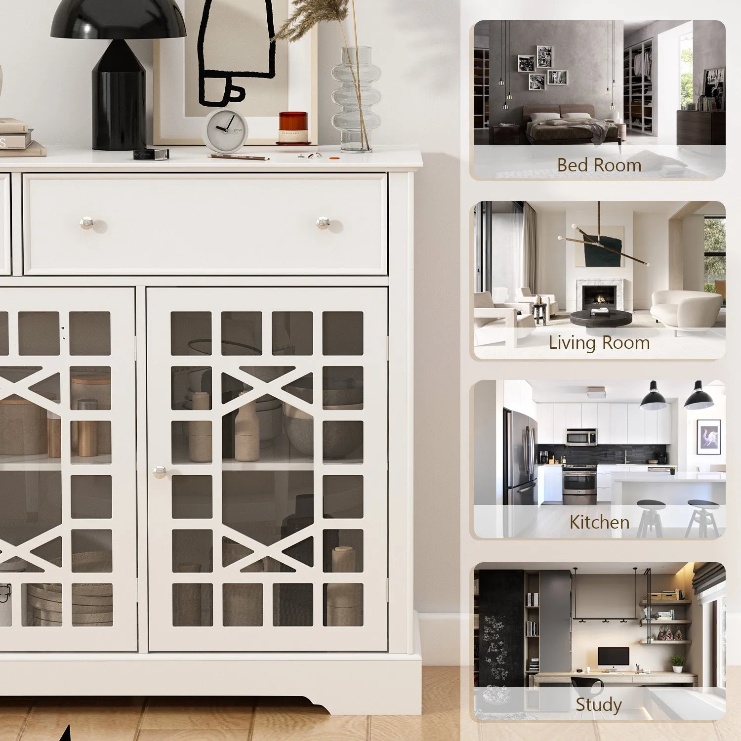 Durable Storage Sideboard Living Room Cabinet with 3 Glass Doors & 2 Drawers