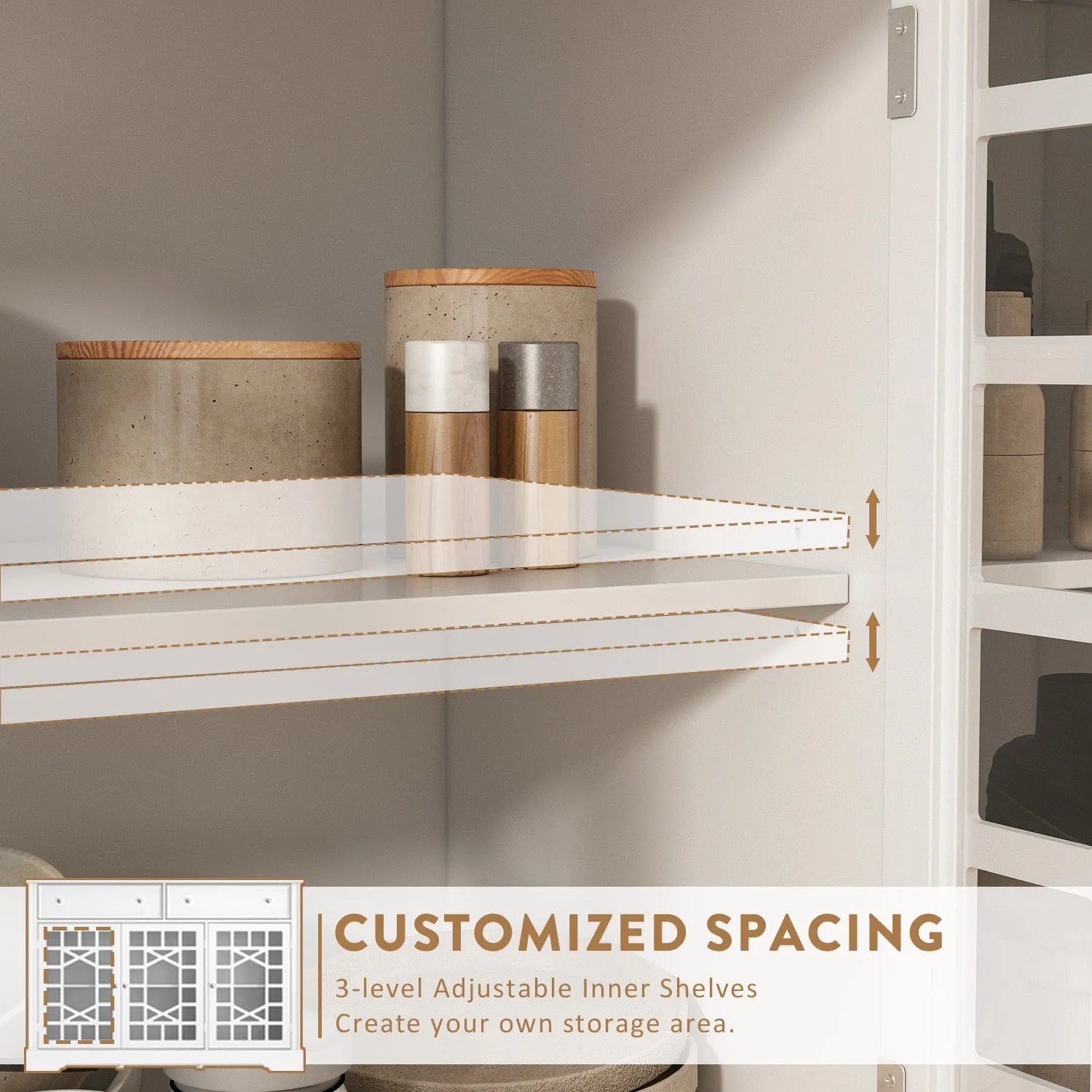 Durable Storage Sideboard Living Room Cabinet with 3 Glass Doors & 2 Drawers