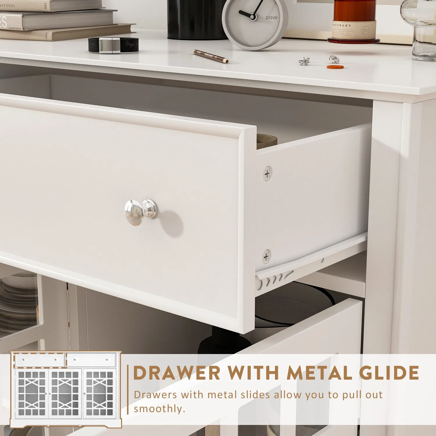 Durable Storage Sideboard Living Room Cabinet with 3 Glass Doors & 2 Drawers