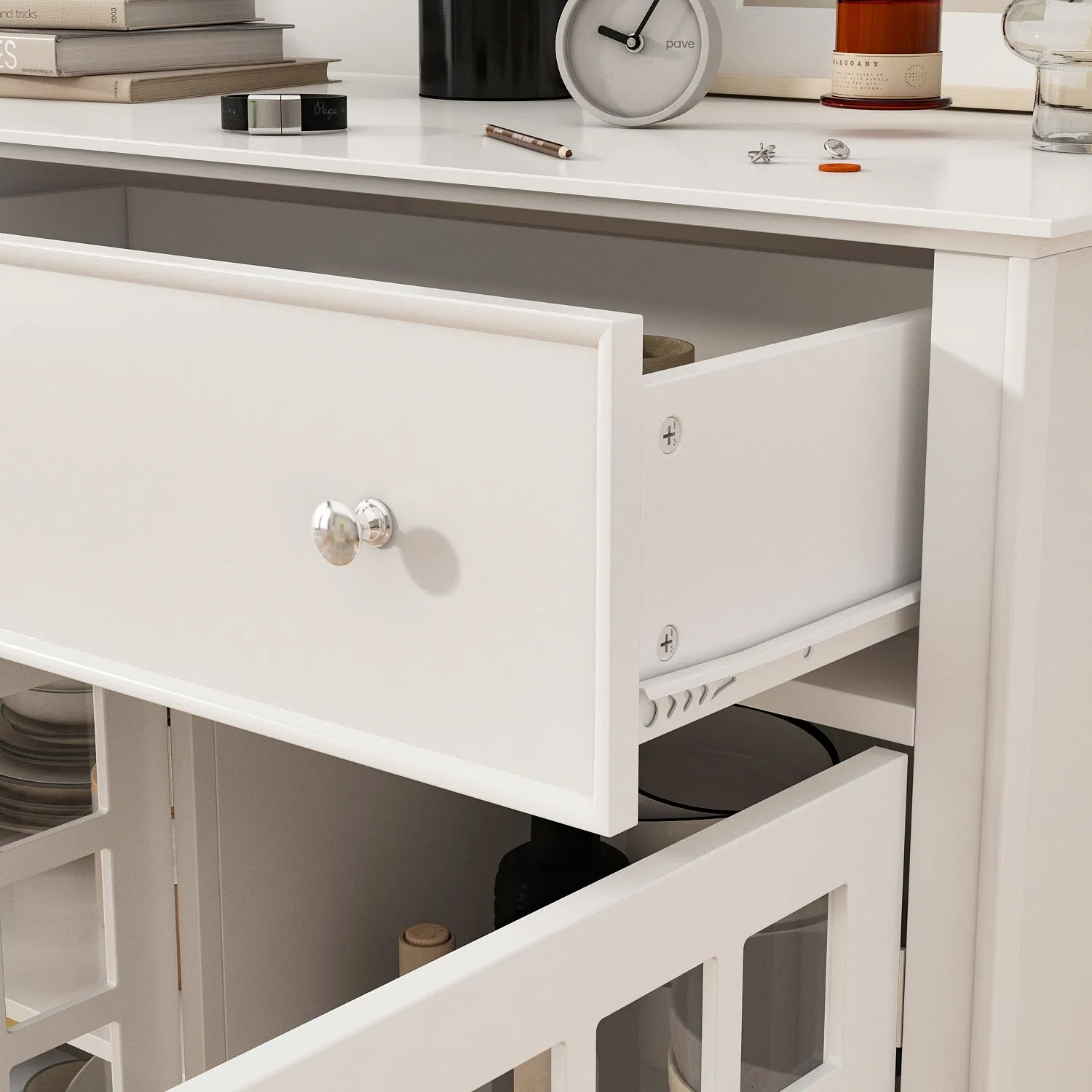 Durable Storage Sideboard Living Room Cabinet with 3 Glass Doors & 2 Drawers