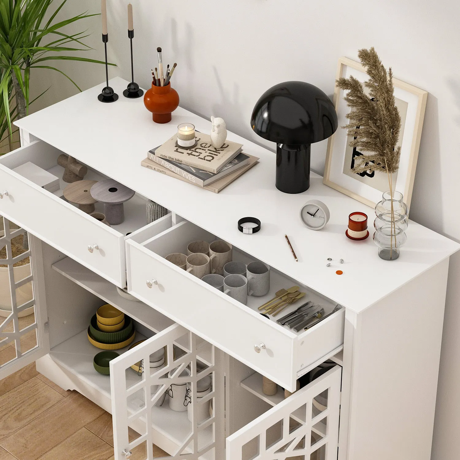 Durable Storage Sideboard Living Room Cabinet with 3 Glass Doors & 2 Drawers