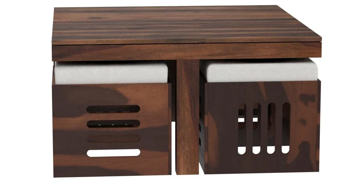 Genuine Decor Solid Sheesham Wood Coffee Table with 4 stools for Living Room | Hotel | Lounge | Natural
