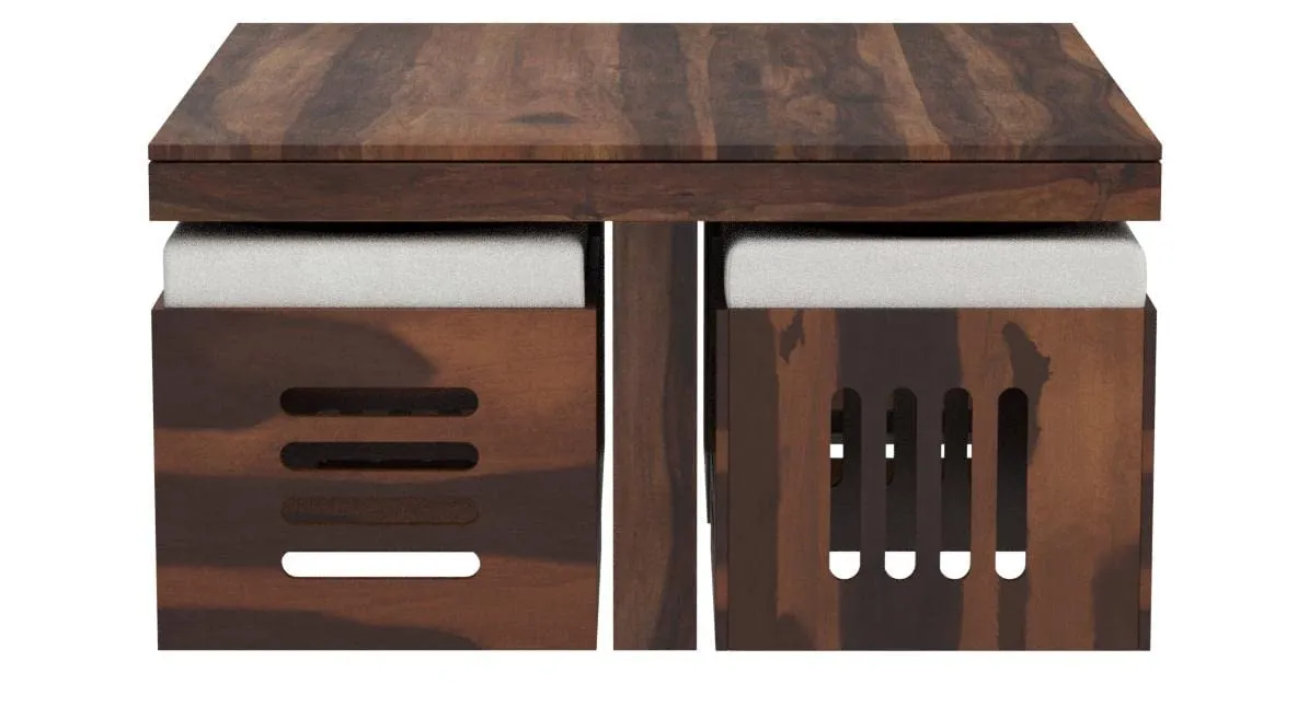 Genuine Decor Solid Sheesham Wood Coffee Table with 4 stools for Living Room | Hotel | Lounge | Natural