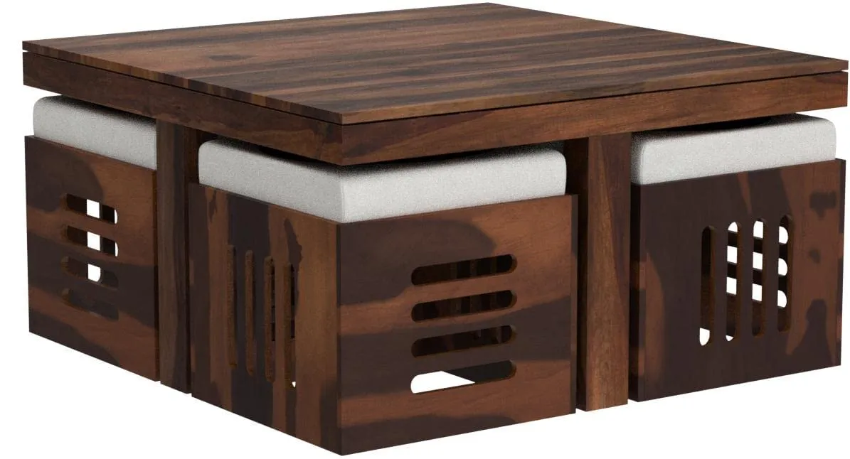 Genuine Decor Solid Sheesham Wood Coffee Table with 4 stools for Living Room | Hotel | Lounge | Natural