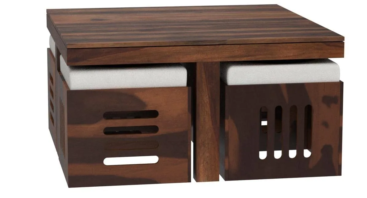 Genuine Decor Solid Sheesham Wood Coffee Table with 4 stools for Living Room | Hotel | Lounge | Natural