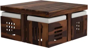 Genuine Decor Solid Sheesham Wood Coffee Table with 4 stools for Living Room | Hotel | Lounge | Natural