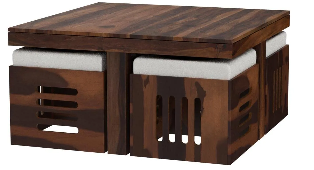 Genuine Decor Solid Sheesham Wood Coffee Table with 4 stools for Living Room | Hotel | Lounge | Natural