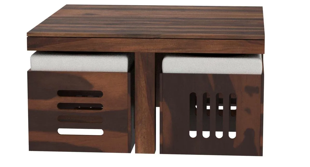 Genuine Decor Solid Sheesham Wood Coffee Table with 4 stools for Living Room | Hotel | Lounge | Natural