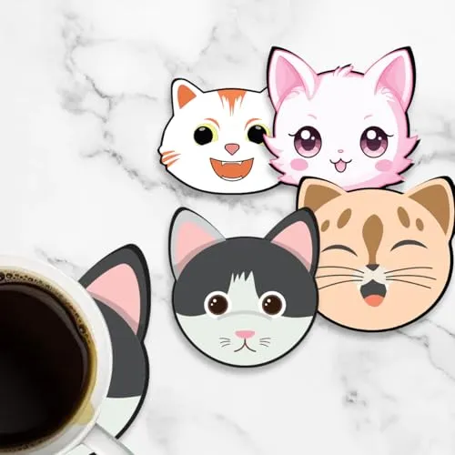 Gift Me Bazar Set of 4 Cartoon Animal Wooden Coasters Home and Kitchen, Office Table, Dining Table, Home Decor | Cute Cat Coasters | Tabletop Square Coasters